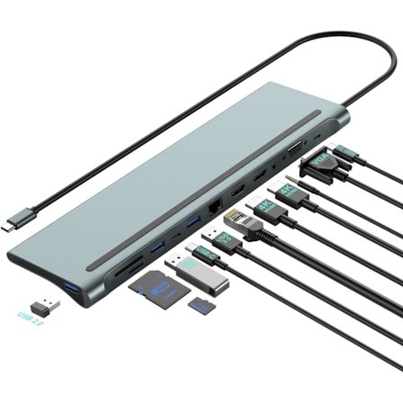 USB C Dockingstasjon for Doble Skjermer med 4K HDMI, VGA, 100W PD, USB-C, 3 USB, SD/TF, Kompatibel med MacBook/DELL/HP/Lenovo/Surface Laptops
