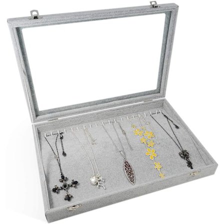 20 koukun kaulakorun järjestäjä, samettinen läpinäkyvä kannellinen kaulakorun pidike laatikko, kaulakorun säilytyslaatikko kaulakorun esittelylaatikko