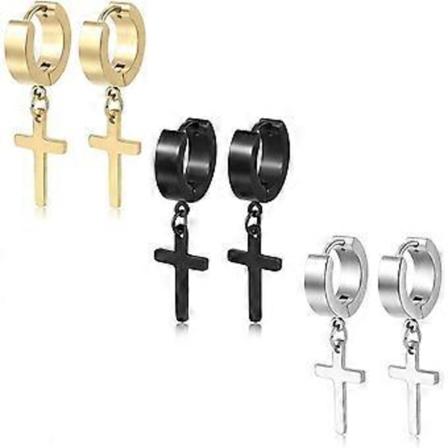 3 Par Cross-Øreringe Dangle Hinged Mænds Øreringe Rustfrit Stål Cross Hoop Øreringe Sølv, Guld, Sort
