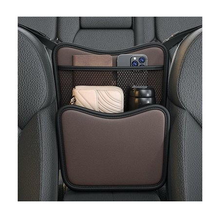 Bilsätesorganisatör - Hängande förvaringsväska med flera fickor för handväska, snacks och viktiga researtiklar - Passar mellan säten, Brun