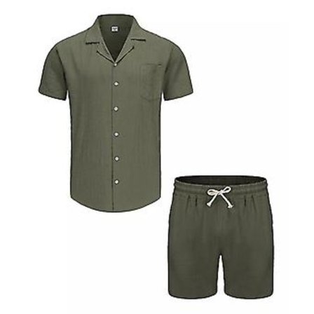 Herr 2-delat linneskjortset sommarstrandkläder (M Grön)