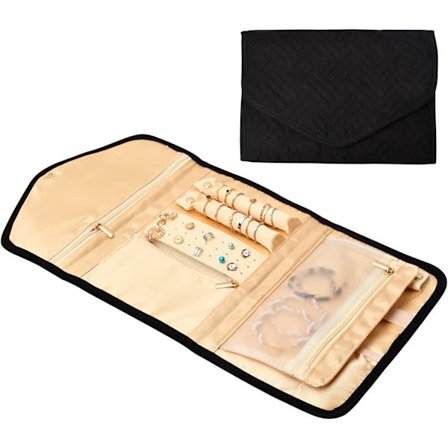 (Svart) 1 rulle smykkeveske, smykkepose i skinn for reiser, sammenleggbar smykkeskrin, lett smykkeskrin, øredobber, halskjede, armbånd, ring, 