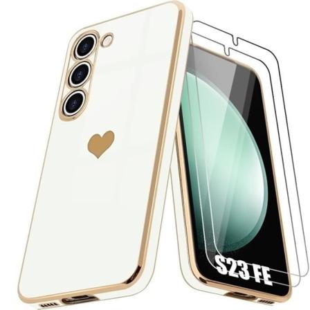 Fodral + 2 härdade glasögon för Samsung Galaxy S23 FE (ej för S23), vit, stötsäker silikon, guldpläterat kärleksmönster