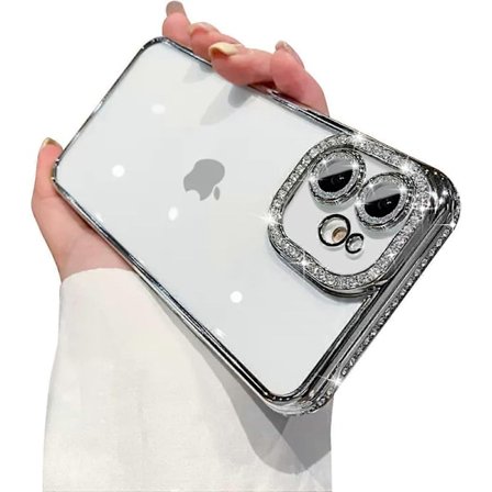 Kompatibel med iPhone 12 Cover med Glitter Diamant Kamerabeskyttelse, Bling Klar Krystal Sødt Telefoncover Stødsikkert Sparkle Len til iPhone 12 (6.1'