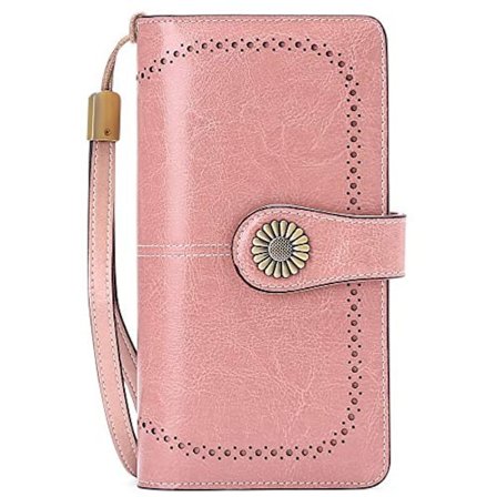 Punge til kvinder i læder med RFID-blokering, stor kapacitet, håndledsrem, 1-voks-pink
