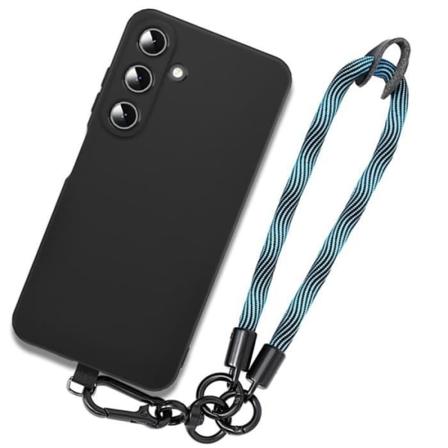 Etui til Samsung Galaxy A55 5G, Anti-ridsebeskyttelse i sort silikone med aftagelig blå rem