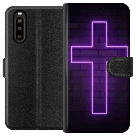 Yhteensopiva Lompakkokotelo Sony Sony Xperia 10 II Neonristi purppuranvalossa tummaa tiiliseinää vasten, symbolinen motiivi vahvalla hohto moderni e