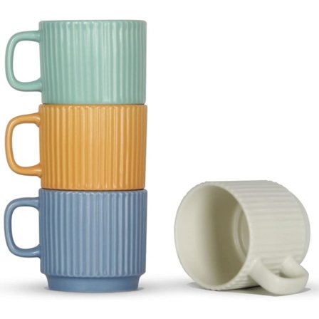 Stapelbara kaffemuggar set om 4, 8 OZ espressokeramiska koppar för latte cappuccino kakao med handtag, färgglada