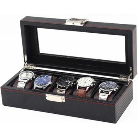 Klokkeboks for 5 klokker - Luksusmodell i svart karbon med rød søm -XS1-