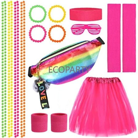 80-tals kostymtillbehör set med Fanny Packfishnet-handskar Benvärmare Tutu-kjolar för kvinnor Flickor 80-talsdräkter med retrotema