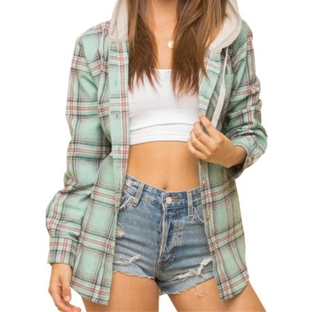 Dam Rutig Långärmad Skjorta Casual Hooded Topp Knäppt Jacka