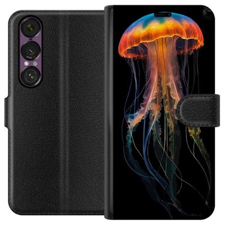 Yhteensopiva Lompakkokotelo Sony Xperia 1 VII Väriloistava meduusa neonvaloissa mustalla taustalla, taidokkaasti suunniteltu vedenalainen maisema heh