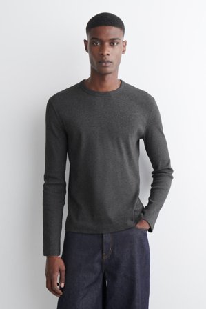 COS Men's Slim Ribbed Cotton Long Sleeve T-Shirt in Grey