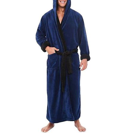 Menn Fleece Lang Morgenkåpe Hette Badekåpe Natttøy Dark Blue Black 5XL