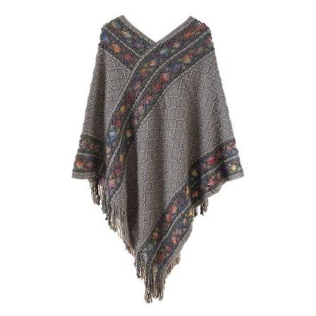 Mongolsk Poncho Rhombic Stripe Tassel Sjal GRÅ
