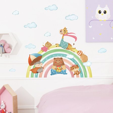 Veggklistremerker for barnerom - Dyr regnbuebro, tegnede veggklistremerker, veggkunst plakat, skrell og lim kunstdekaler for barn og barnehage D