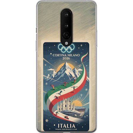 Yhteensopiva Puhelinkuori OnePlus 8 Mäkihyppykuvitus, jossa hiihtäjä tähtää kiväärillä lumisella radalla, teksti Milano Cortina 2026 ja olympialaisten