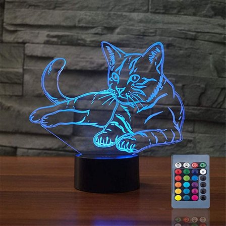 Julgåva Husdjur Katt 3D Illusion Födelsedagspresent Bredvid Bordlampa, 16 Färger Byter Touch Switch Dekoration Nattlampa med Fjärrkontroll