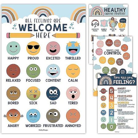 4 Boho Følelsesoversigt Plakater til Børn til Væglæring - Liste over Følelser Plakat til Børn Uddannelsesplakater til Klasseværelsesdekorationer, 