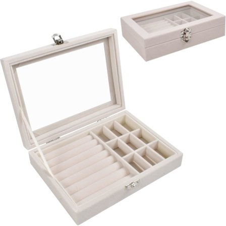 Smyckeskrin med glaslock, 9-fack smyckeskrin, resväska flockad halsband, örhängen, ring smyckeskrin, transparent smyckesförvaringslåda, beige