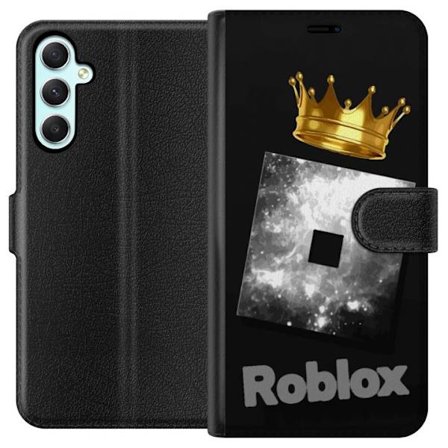 Kompatibelt Lommeboketui til Samsung Samsung Galaxy A34 Minimalistisk svart og sølvfarget Roblox-symbol med gylden krone og luksuriøs gamer-estetikk