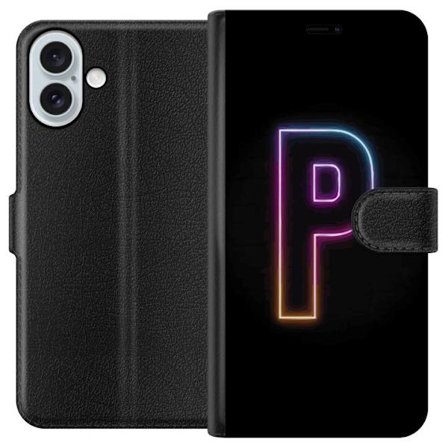 Yhteensopiva Lompakkokotelo Apple Apple iPhone 16 Plus Minimaalinen neonkirjain P värin asteittaisella muutoksella ja valotehosteella mustaa taustaa