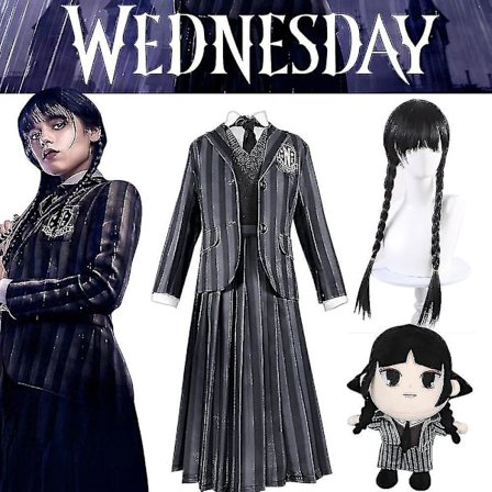 Naisten Wednesday Addams Deluxe -asusetti Nevermore-uniformu asu/peruukki/nukke