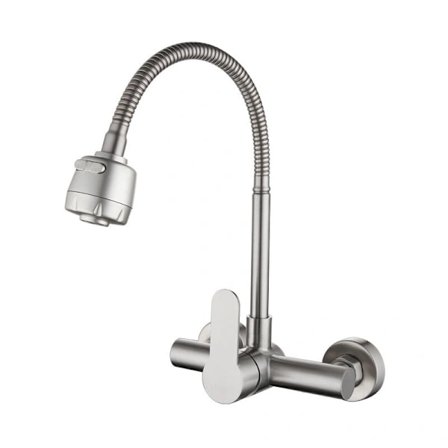 QU-Køkkenarmatur Vægmonteret Blandingsbatteri 304 Rustfrit Stål 360° Roterbar Bordplade Armatur To Vandudløbsmetoder med Fleksibel Slange