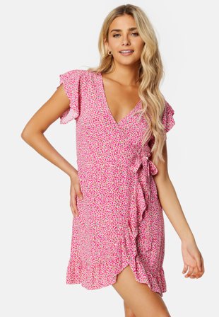 VILA Fini Wrap S/S Short Dress Pink Yarrow AOP:Alin Klær