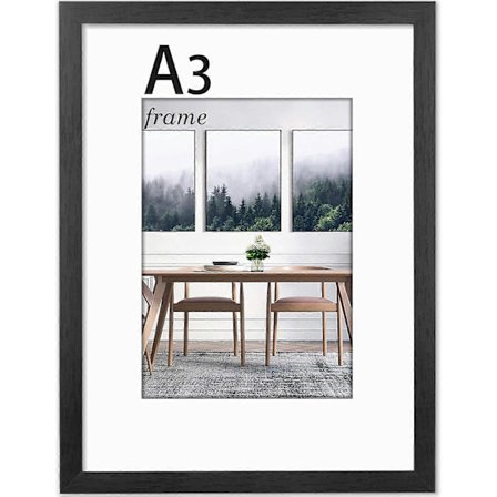 A3 Bildevegg, A3 Ramme med Plexiglass og Passepartout, Bildevegger for Veggmontering, Massivt Tre, Svart, Pakke med 1