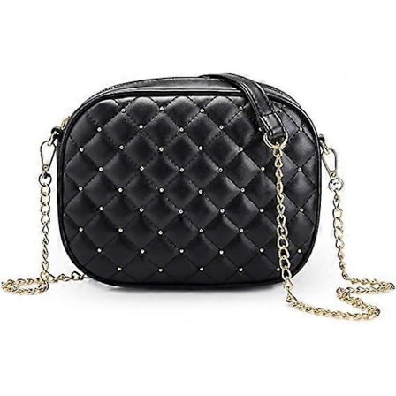 Dame Medium Vattert Crossbody Veske med Metallkjedestropp Hjerteglidelås, Gaveidé, PU Lær Svart