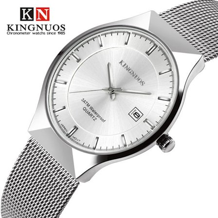 Ultratynn armbåndsur for menn med mesh-bånd, kvartsklokke, kalender, vanntett, enkel herreklokke