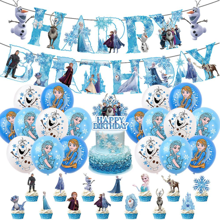 Frozen-prinsessateema Lasten Tytöt Onnellista Syntymäpäiväjuhla Tarvikkeet Banneri Ilmapallot Kakku Cupcake Topperit Koriste Setti