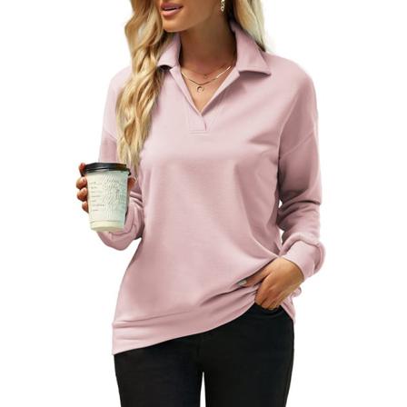 Dam Långärmad Lapel Collar V-hals T-shirt Enfärgade Toppar