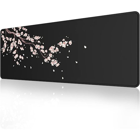 Svart japansk plommeblomst musematte utvidet stor musematte skrivebordspute, sydd kant musematte, sklisikker gummi