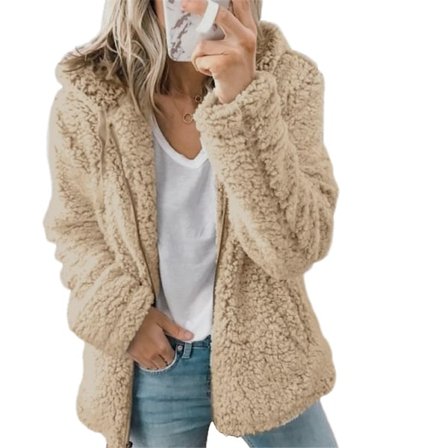 Dame Fleece Fluffy Hettegenser Langermet Jakke Vinter Varm Teddybjørn Cardigan Khaki