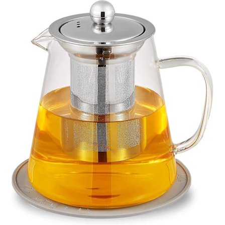 950 ml/30 oz glas tekande med aftagelig rustfri stål si og matchende silikoneunderlag