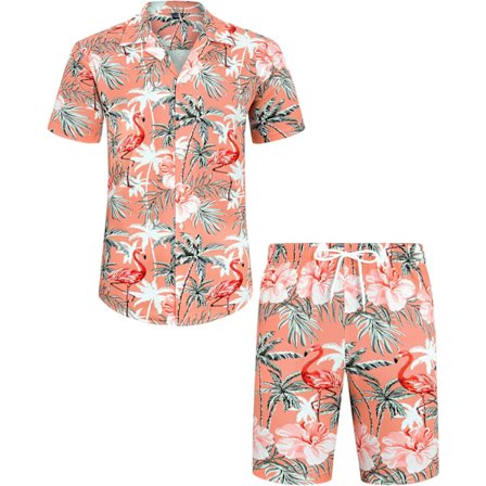Herr Hawaiian skjorta och shorts set Regular Fit kortärmad casual funky strand flamingo skjorta set XXL