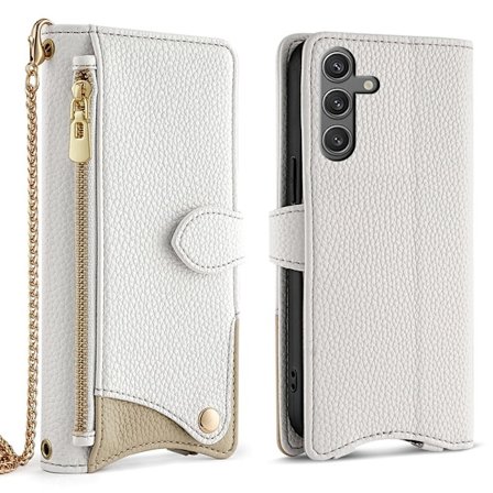 SKALO Samsung S25 Litchi Makeup Mirror Chain Lompakkokotelo - Valkoinen
