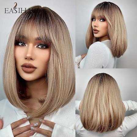 Easihair Ruskea Kerrostettu Synteettinen Peruukki Otsatukka Pitkä Suora Sekoitettu Blondi Hiukset Peruukki Mustille Naisille Päivittäinen Cosplay 