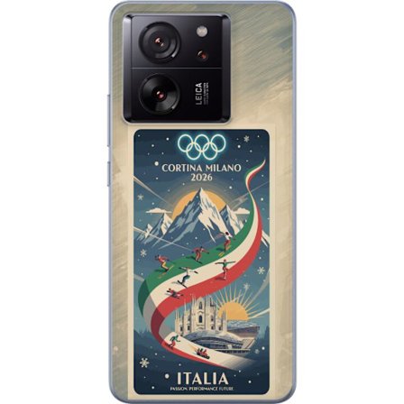 Yhteensopiva Puhelinkuori Xiaomi 13T Mäkihyppykuvitus, jossa hiihtäjä tähtää kiväärillä lumisella radalla, teksti Milano Cortina 2026 ja olympialaiste