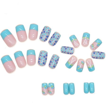 24 st Falska Naglar Kvadratiska Korta Stick-on Naglar Blå Press-on Naglar med Fjärilsmönster Avtagbara Lim-on Naglar, 0266Y50