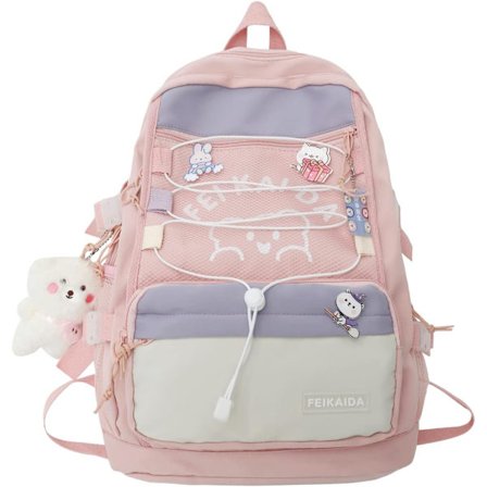 Japansk skoletaske med søde Kawaii-rygsække Æstetisk rygsæk Pige-rygsække 8-10 år+(pink) dekorative nåle+lille bjørnevedhæng