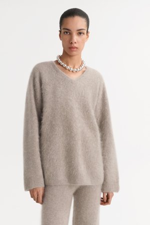 Soft Goat - Brushed v-neck - Women cashmere sweater - M - Greige