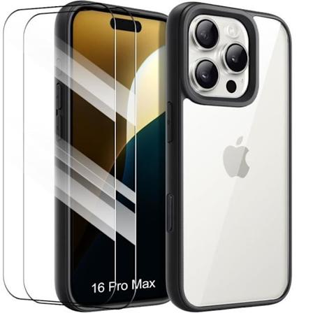 Etui + 2 hærdede briller til iPhone 16 Pro Max, anti-ridse stødsikker beskyttelse sort silikone + gennemsigtig pc-bagside Svart, klar