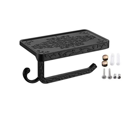 Svart pappersrullshållare med hylla för förvaring av telefoner i aluminium, vintage toalettpappershållare för badrum, svart