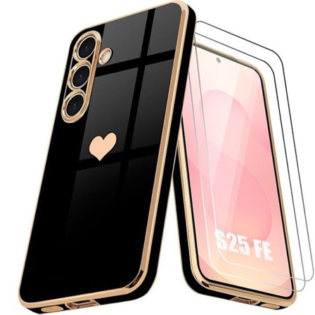 Skyddsskal - BOOLING - för Samsung Galaxy S25 FE - Mönster Hjärtformad Mjuk Slim Svart - 2 Glas