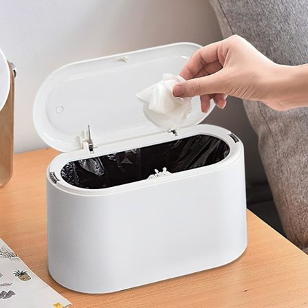 Mini Soptunna med Lock, Avtagbar Liten Soptunna, Liten Plast Soptunna, Pop Up Bänkskiva Papperskorg, Bänk Soptunna för Ludd (Vit)
