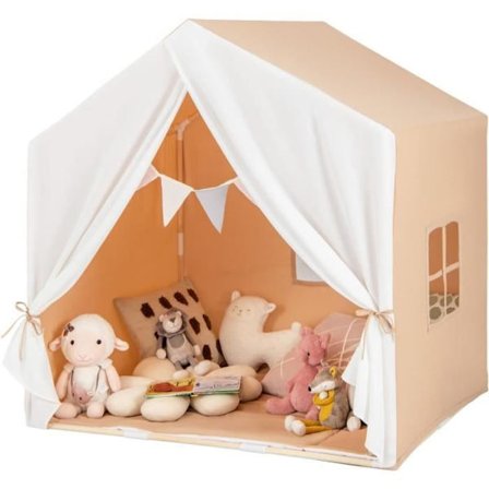 COSTWAY Lektält för 3 - 4 barn 131 x 91 x 131 CM, mjuk bomullsmatta inomhus och utomhus, åldrarna 3+ Brun