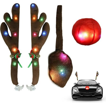 Bilrenarhorn Kit med LED-lampor, Julrenarhorn, Näsan och Svans Bildekorationskit för Bilfönster Tak & Frontgrill, Bil Jul